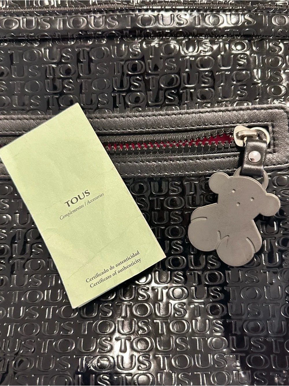 Tous Black Glossy Laptop Bag with Bear Charm Accent